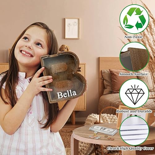 Miniatura 6 de Alcancía de madera grande personalizada para niños con nombre personalizado nombre grabado con láser alfabeto de madera caja de dinero para