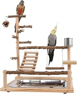 インコ おもちゃ 止まり木 とまり木 木製 スタンド ブランコ エサ入れ アスレチック (B)