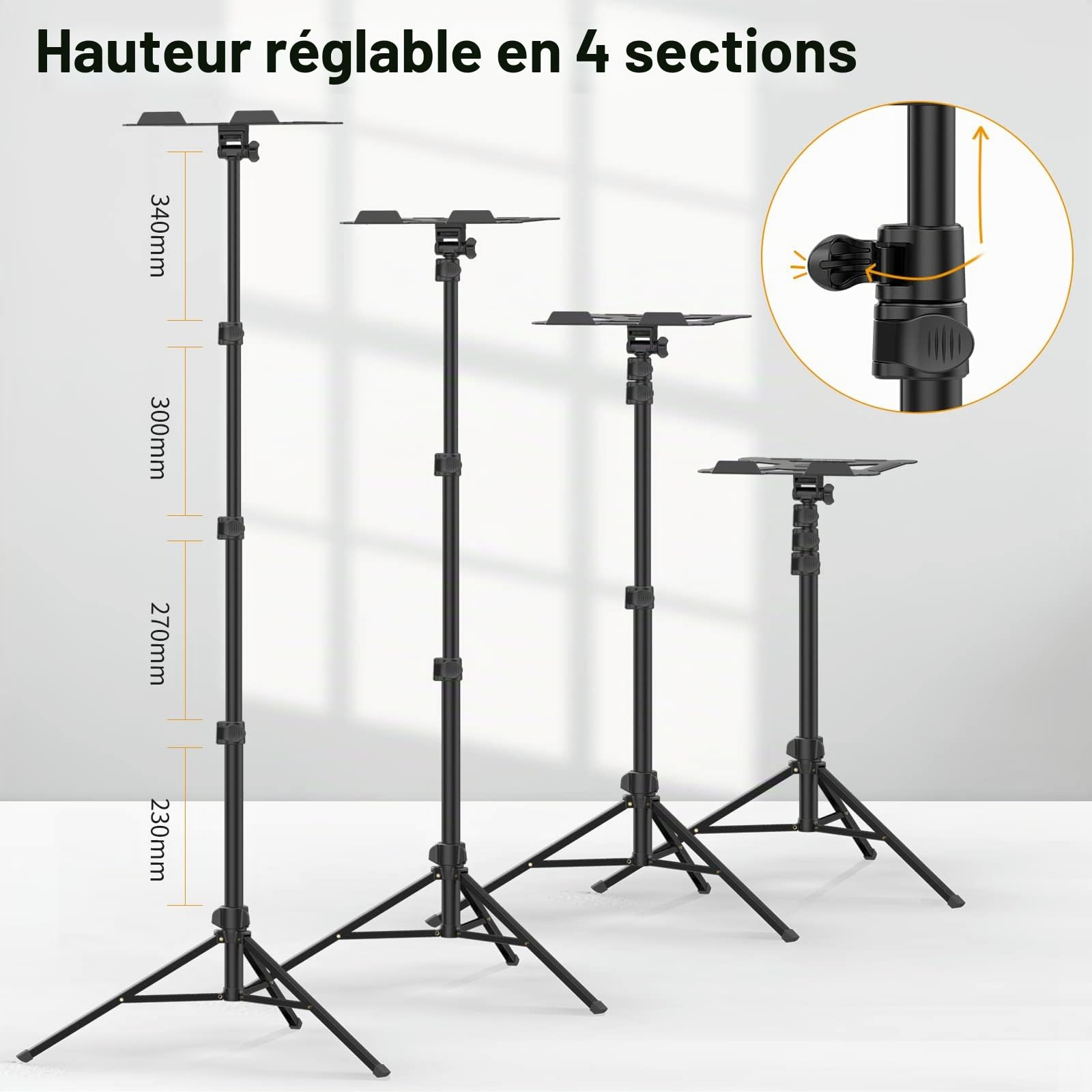 ULANZI Support de vidéoprojecteur réglable en Hauteur de 60 à 150 cm en Aluminium avec Plaque Pliante de 3 kg, 360 ° et 180 ° Pupitre Portable réglable
