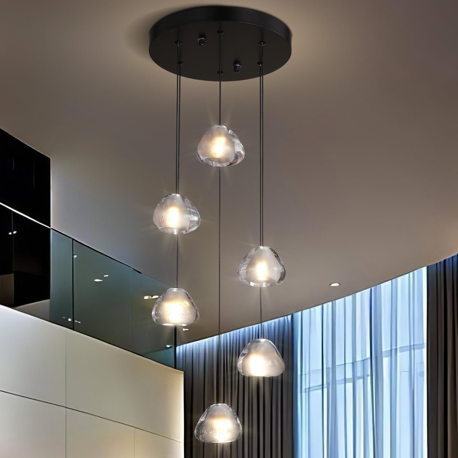 Photo 1 of AUDOSY 6-Light Crystal Staircase Chandelier, Modern Black Ceiling Light Fixture Pendant Light with Bubble Shades, Adjustable Long Chandelier for Foyer Kitchen Bedroom and Living Room