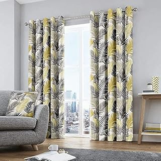Fusion - Tropical - 100% Cotton Pair of Eyelet Curtains - 66" Width x 72" Drop (168 x 183cm) in Ochre
