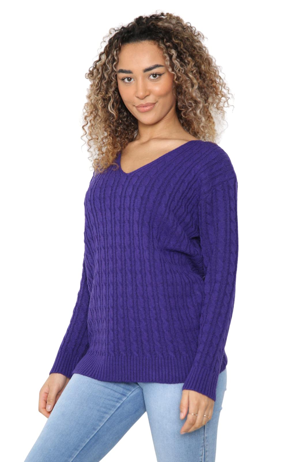Wearall Women's Purple Plus Cable Knitted Long Sleeve V-Neck Sweater Top Stretch Jumper - 20-22