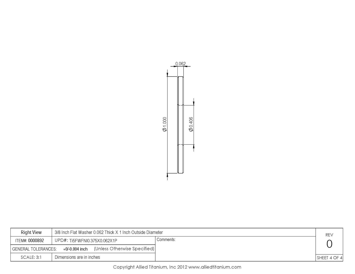 0000892, (Pack of 20) 3/8 Inch Flat Washer 0.062 Thick X 1 Inch OD, Grade 5 (Ti-6Al-4V)