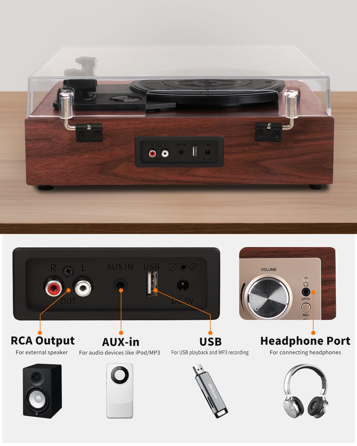 VIFLYKOO Plattenspieler, Schallplattenspieler Bluetooth 5.4 mit 2 Stereo-Lautsprecher, Wireless 3-Gang 33/45/78 u/min, Vinyl Player unterstützt Kopfhöreranschluss/AUX-Eingang/RCA-Ausgang/USB, Mahagoni