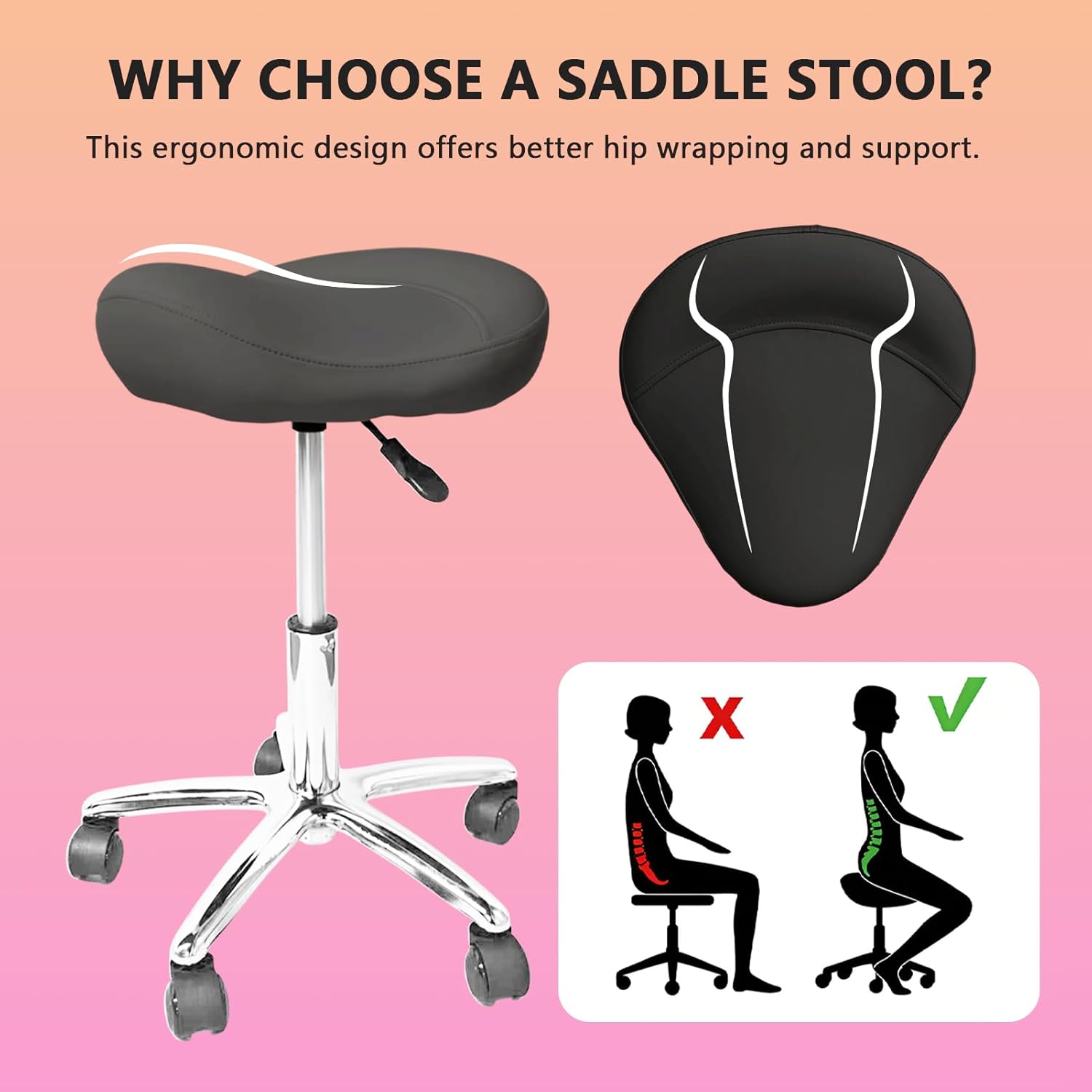 Saddle Stool,Rolling Stool with Thick Saddle Seat,Ergonomic Rolling Saddle Stools,360 Degrees Swivel Stools with Wheels,Adjustable Height Stool Weight Capacity 330lbs for Salon,Beauty,Spa (Black)