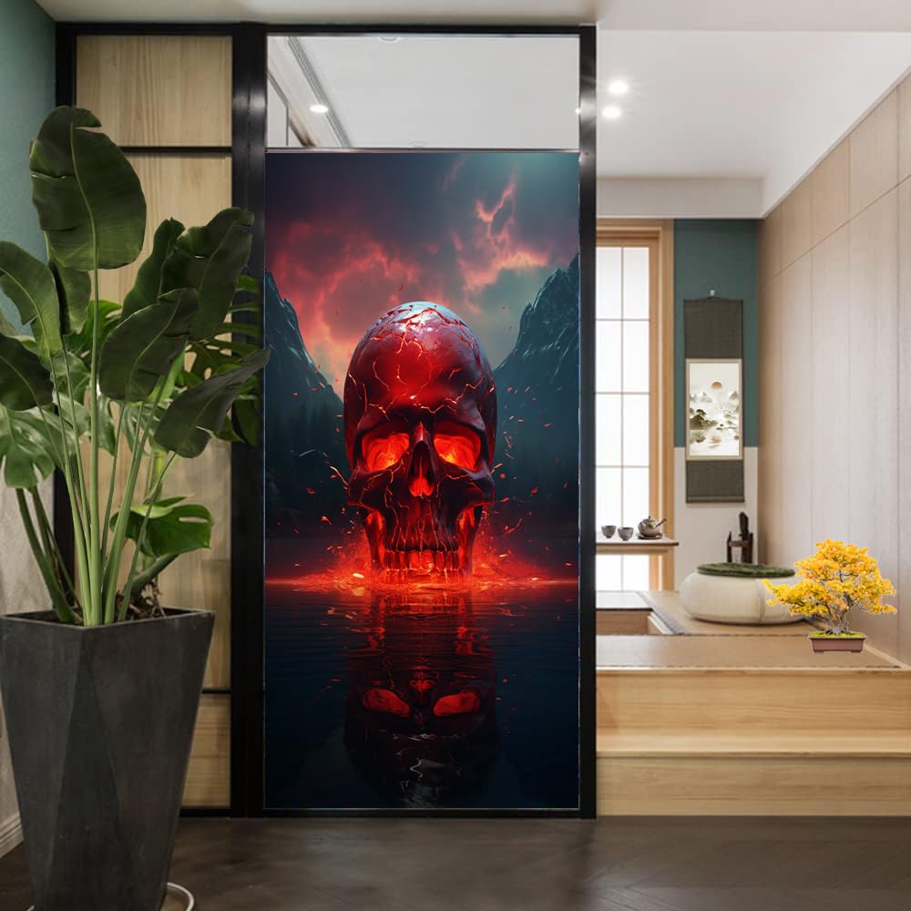 Abstrakter roter Totenkopf Buntglas-Fensterfolie, Vintage, Bergsee, Landschaft, dekorative Milchglas-Sichtschutzfolie, Hitzeregulierung, statische Haftung, Fensteraufkleber, 80 x 120 cm