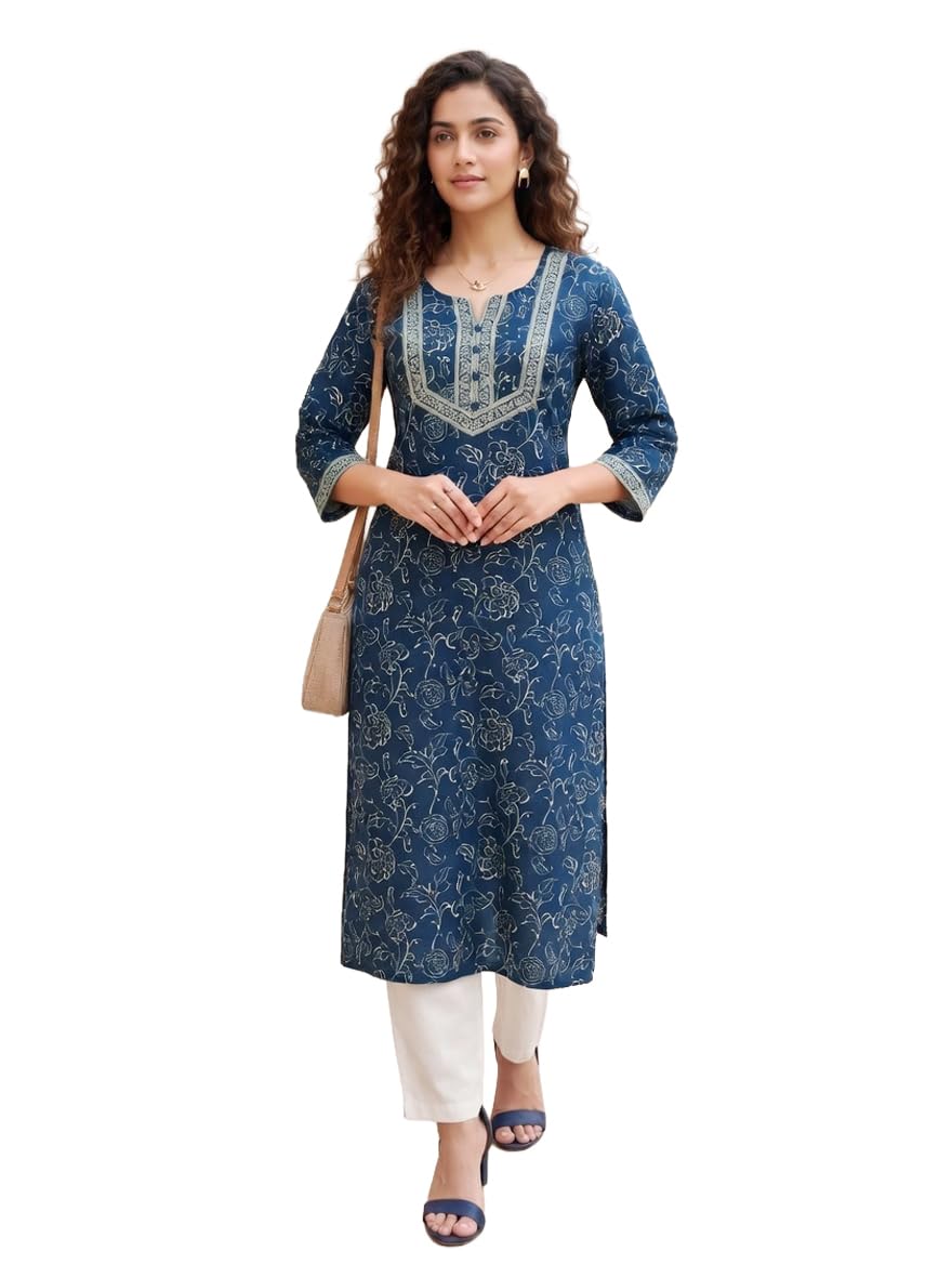 SNITCH Women's Pure Cotton Jaipuri Printed Kurti (JOPLJPR157A-P_Blue_P) in blue