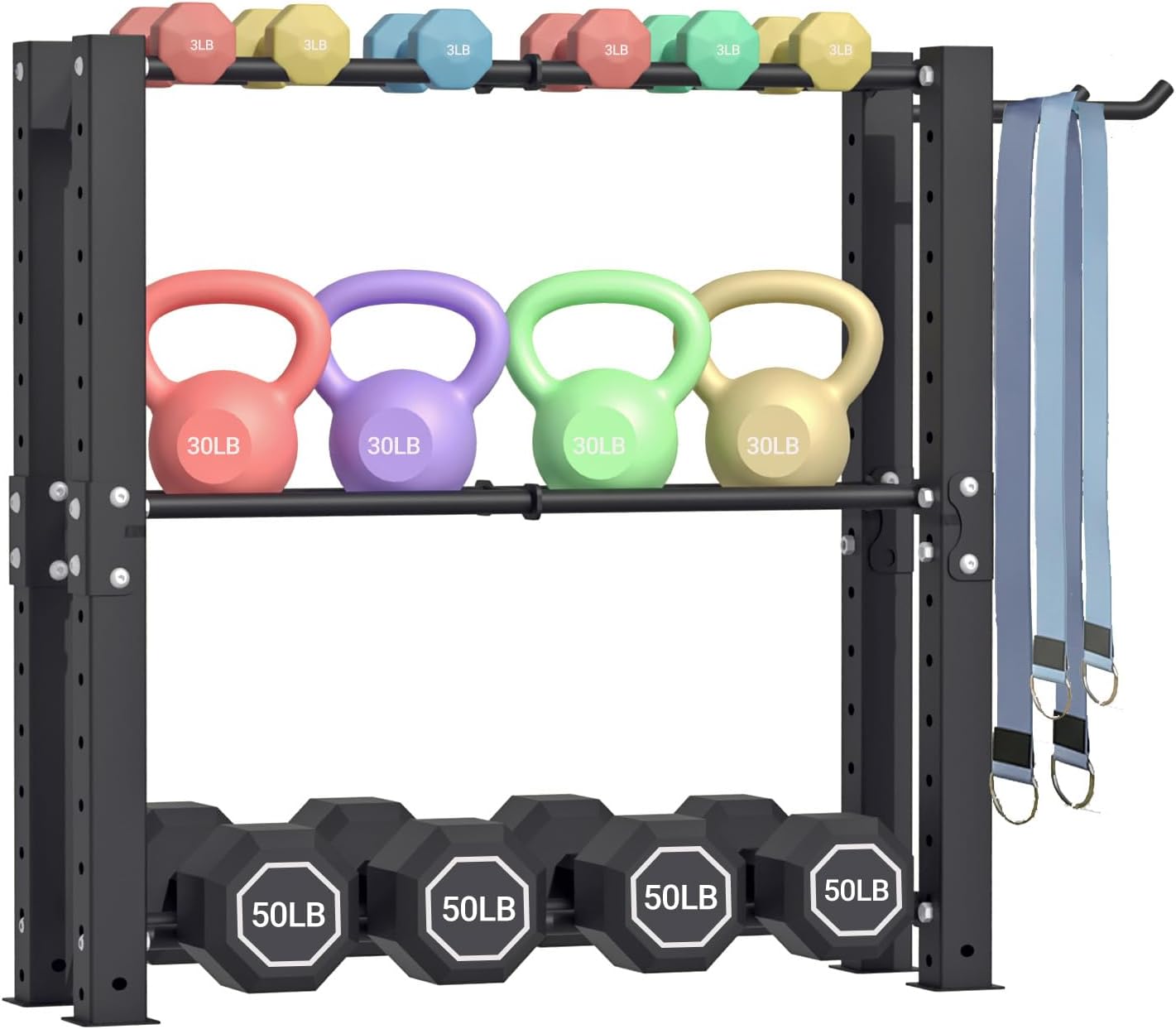 3-Tier Dumbbell Rack for Women, Aesthetic Home Gym Storage for Weight Set, Kettlebells & Yoga Ball, Versatile Workout Equipment Organizer with Side Hooks, Space-Saving