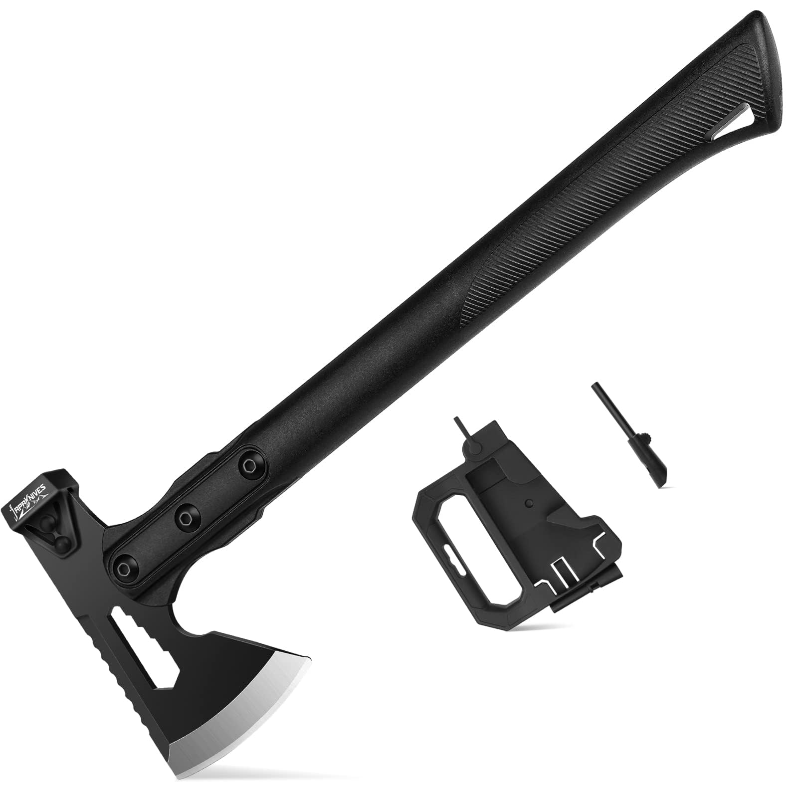 Japaknives Hacha de Supervivencia 5 en 1, Multifuncional para Partir leña | Hacha de acampada versátil, modular y portátil, bushcraft y senderismo, 37 cm , Ideal para jardinería