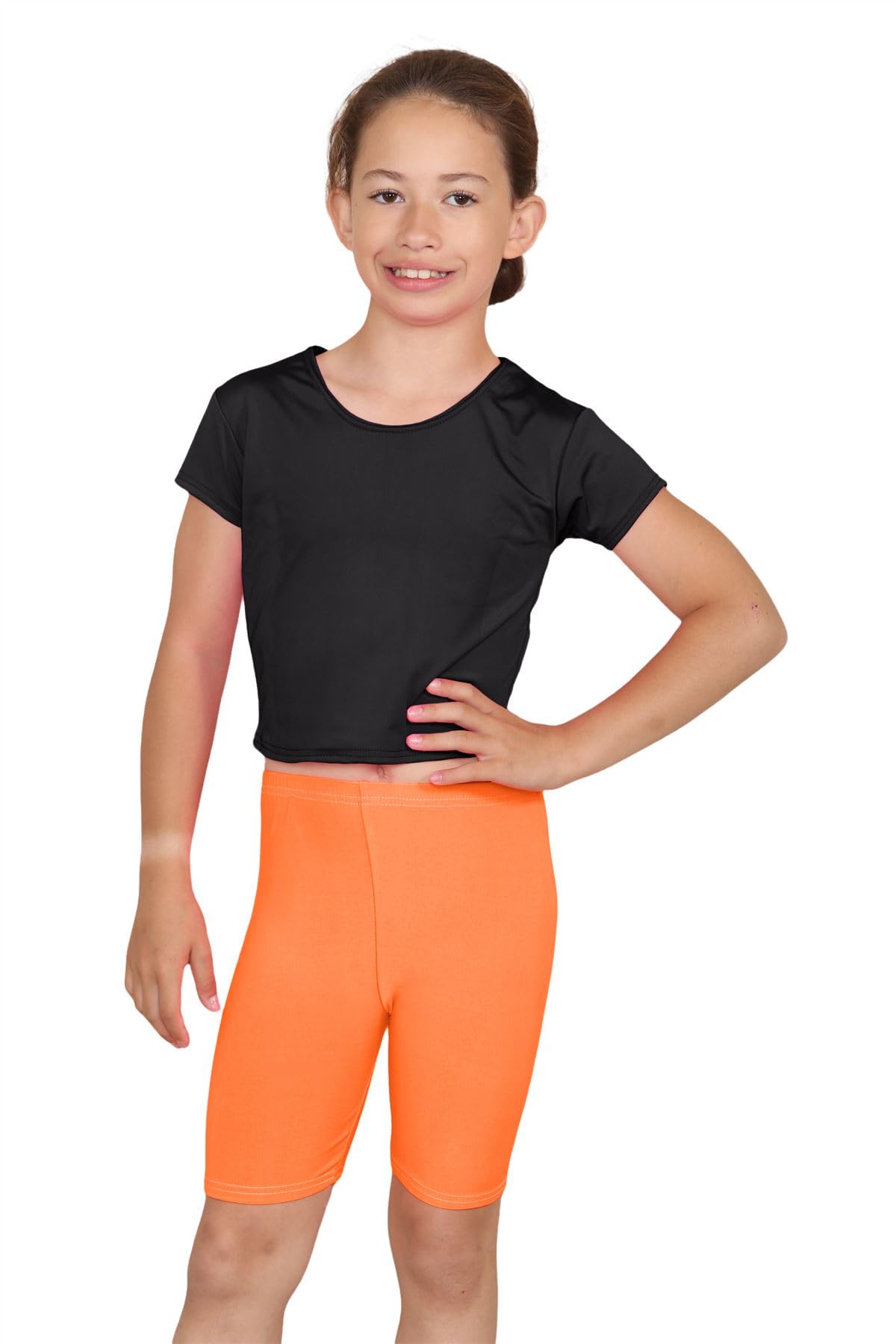 Hamishkane® Microfiber Gymnastics Kids Cycling Shorts, Stretchy Sports Activewear Summer Mini Shorts, Plain Dance Gym Elasticated Shorts for Kids Neon Orange
