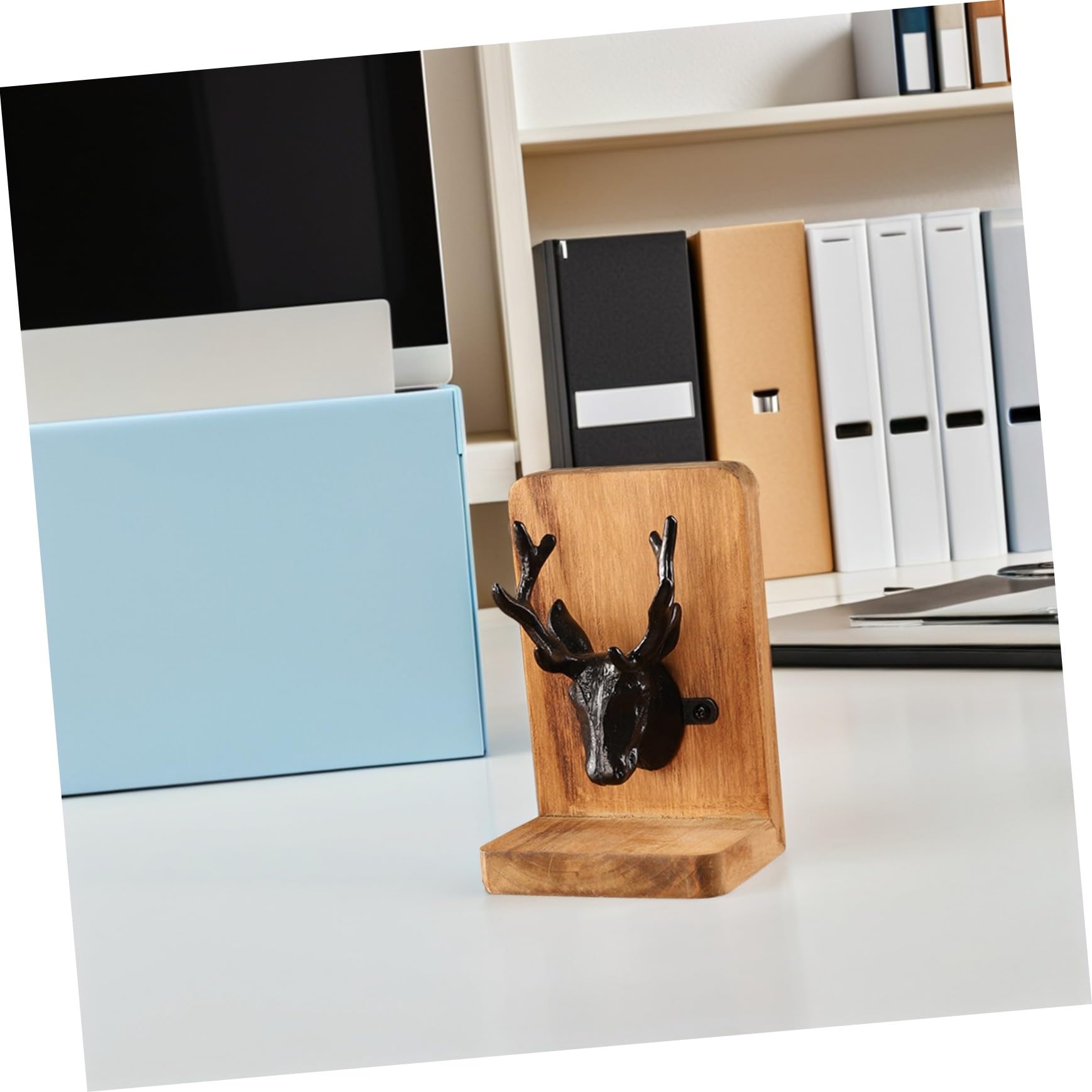 Operitacx Sujetalibros de Madera para Libros Pesados Diseño Nórdico de Cabeza de Ciervo – Soporte Decorativo para Escritorio y Estanterías en Oficinas y Estudios