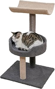 Animooos - 3-Tier Carpeted Cat Tree with Scratching Post, 30" Height, Gray and Beige