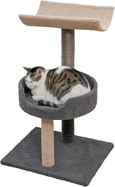 Animooos - 3-Tier Carpeted Cat Tree with Scratching Post, 30" Height, Gray and Beige