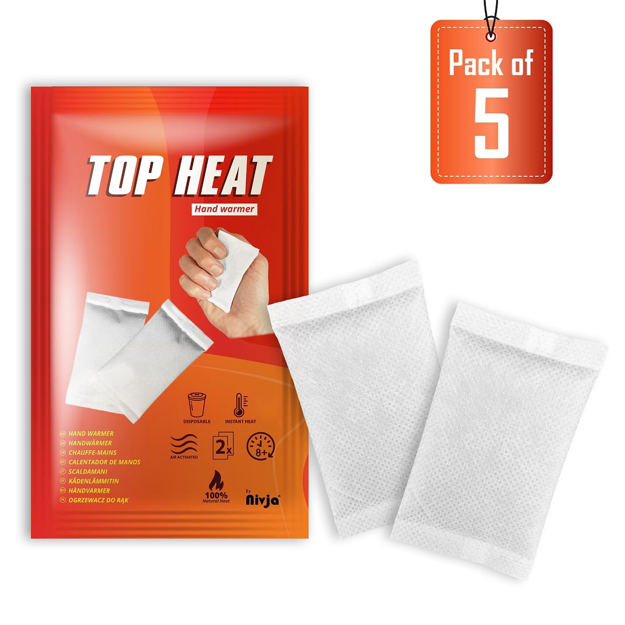Top Heat Hand Warmers โ 5 Pairs - 8 Hours Warm Hands - Hand Heat Pads - Air Activated - Instant Heat - 100% Natural Heat - Pocket Heater - Ready to use