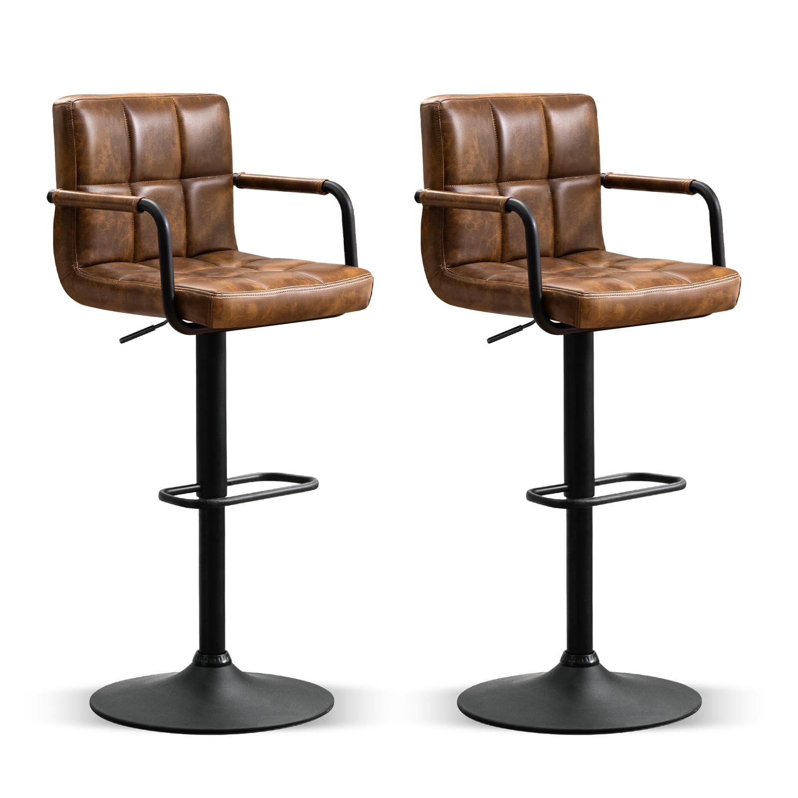 Furniliving Bar Stools Set of 2 with Back, Modern Square PU Leather Kitchen Stools with Armrest, Adjustable Counter Height Barstools for Kitchen Bar Pub Cafe (Yellowbrown)