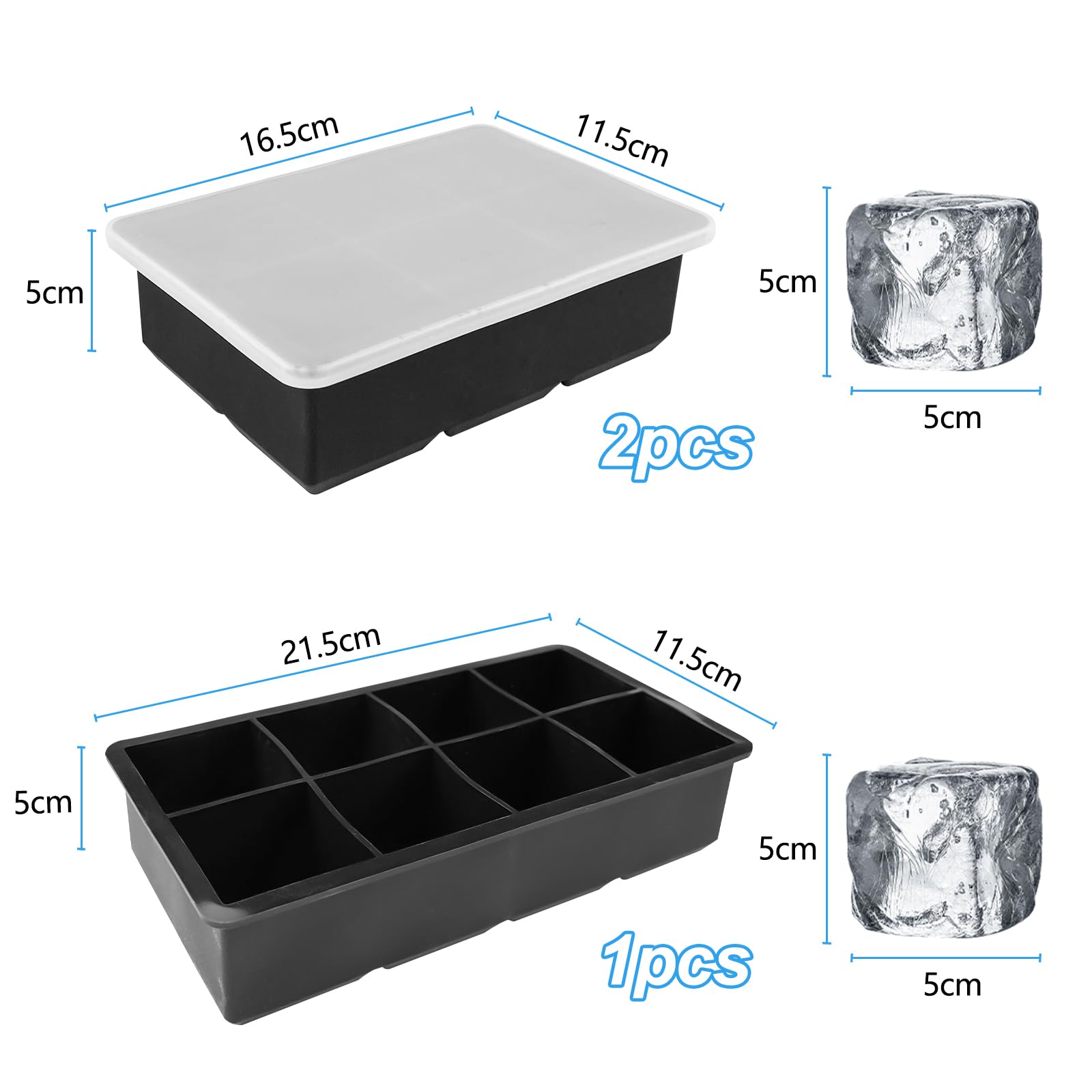 Fousenuk Cubiteras para Hielo Grande, Molde de Silicona con Tapa, 3 Piezas para Bebidas Frías