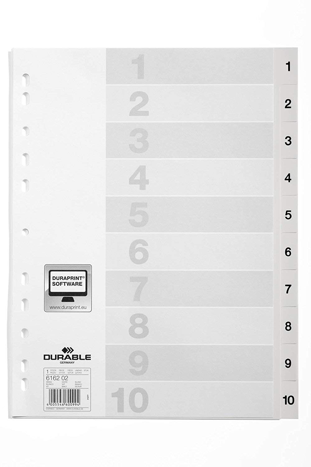 Durable 616202 Zahlenregister (A4 mit Deckblatt, geprägte Taben 1-10, PP Universallochung) 50 Stück weiß