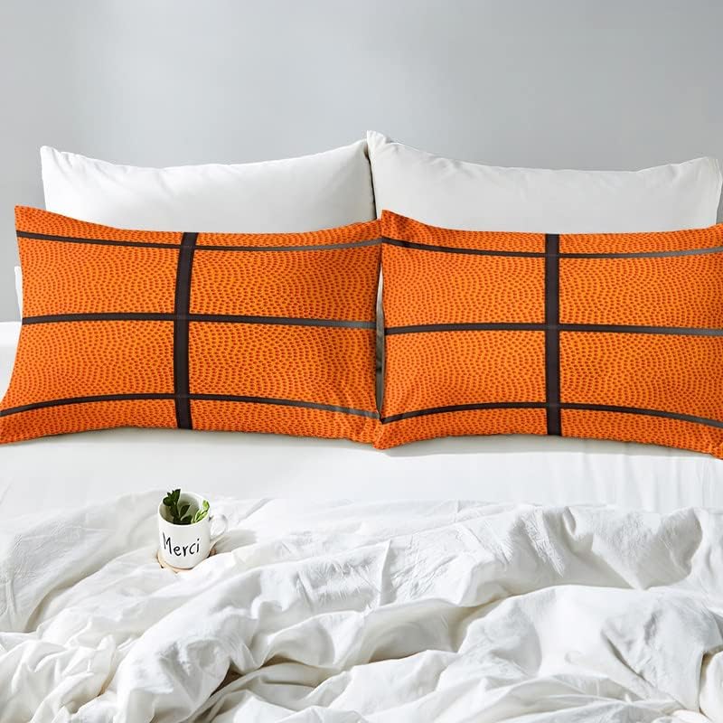 Miniatura 5 de Feelyou Juego de funda de edredón de baloncesto para niños, adolescentes, funda de edredón con estampado de baloncesto naranja, juego de ropa de