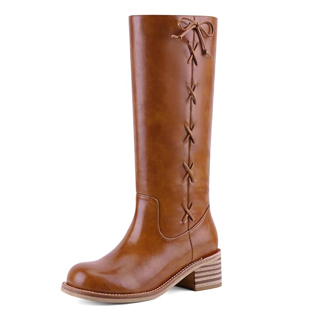 Knee High Boots Women Wide Calf Side Lace Leather Square Toe Chunky Riding Tall Boots Comfort Block Heel