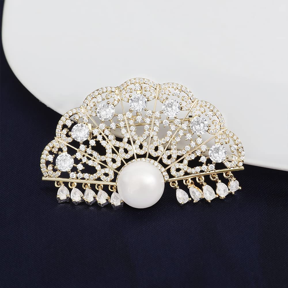 Brosche für Frauen Mode Chinesischer Stil Fan Pin mit Zirkonia Perlen Broschen und Pins Hochzeit Geburtstag Geschenk, Messing, Zirkonia
