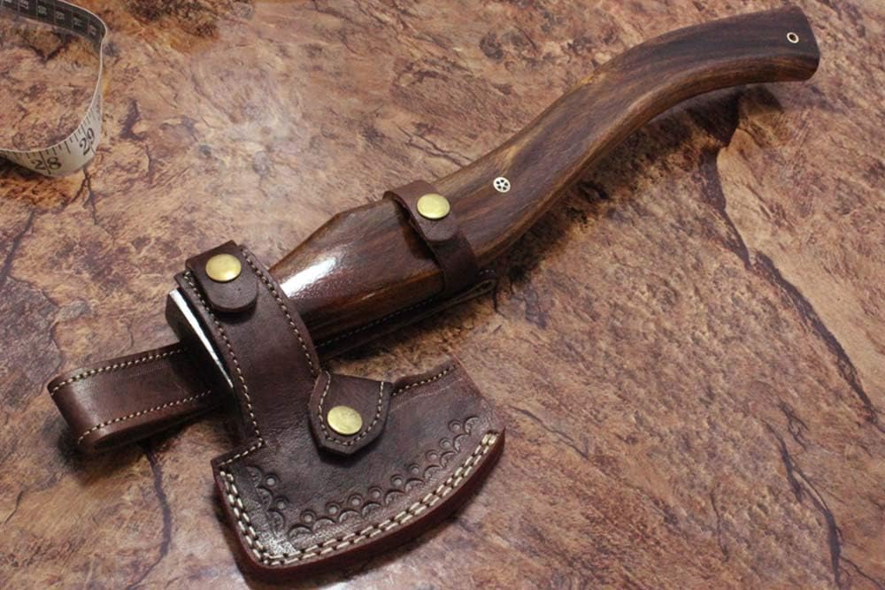 Damascus Steel Bearded Hiking Tomahawk Axe Battle axe16 Inches Long Hand Forged with Rose Wood Round Handle, Large 5" Cutting Edge, Thick Cow Hide Leather Sheath