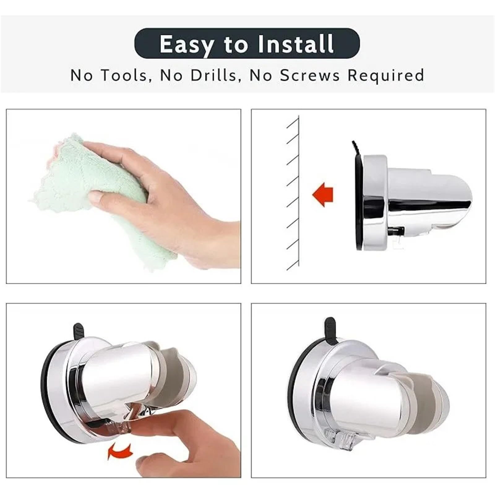 Soporte de ducha con ventosa - Montaje de pared ajustable for ducha de mano, organizador de baño ABS (sin taladros y fácil de instalar)(BLACK)