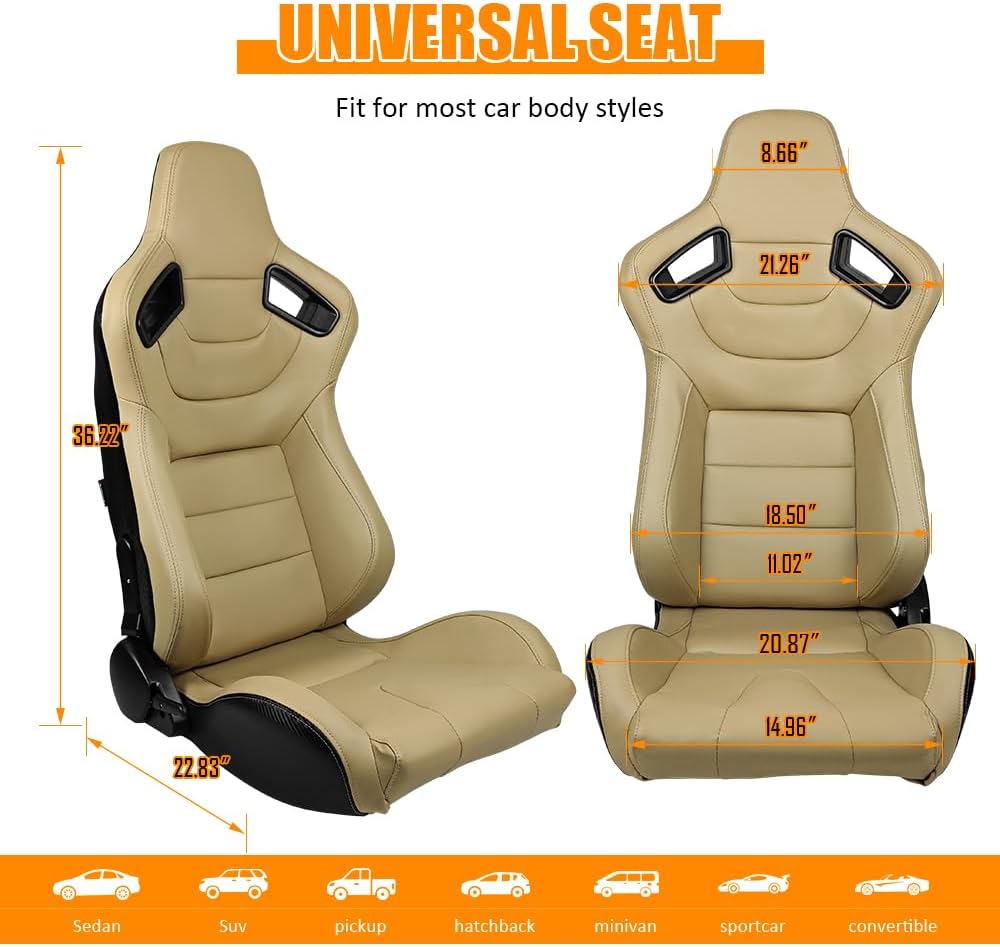 Universal Racing Seats, Adjustable Reclining Bucket Seats with Dual Slider, PU & Carbon Leather Sport Seat for Driver and Passenger Side, 1 Pair, Beige