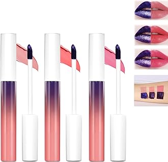 Dual-Tone Gradient Lip Gloss with Purple to Pink Ombre Effect - Matte Waterproof Long Lasting Lip Stain, Peel Off Non-Stick Cup Formula Makeup Kit for Creative Bold Evening Party Styling