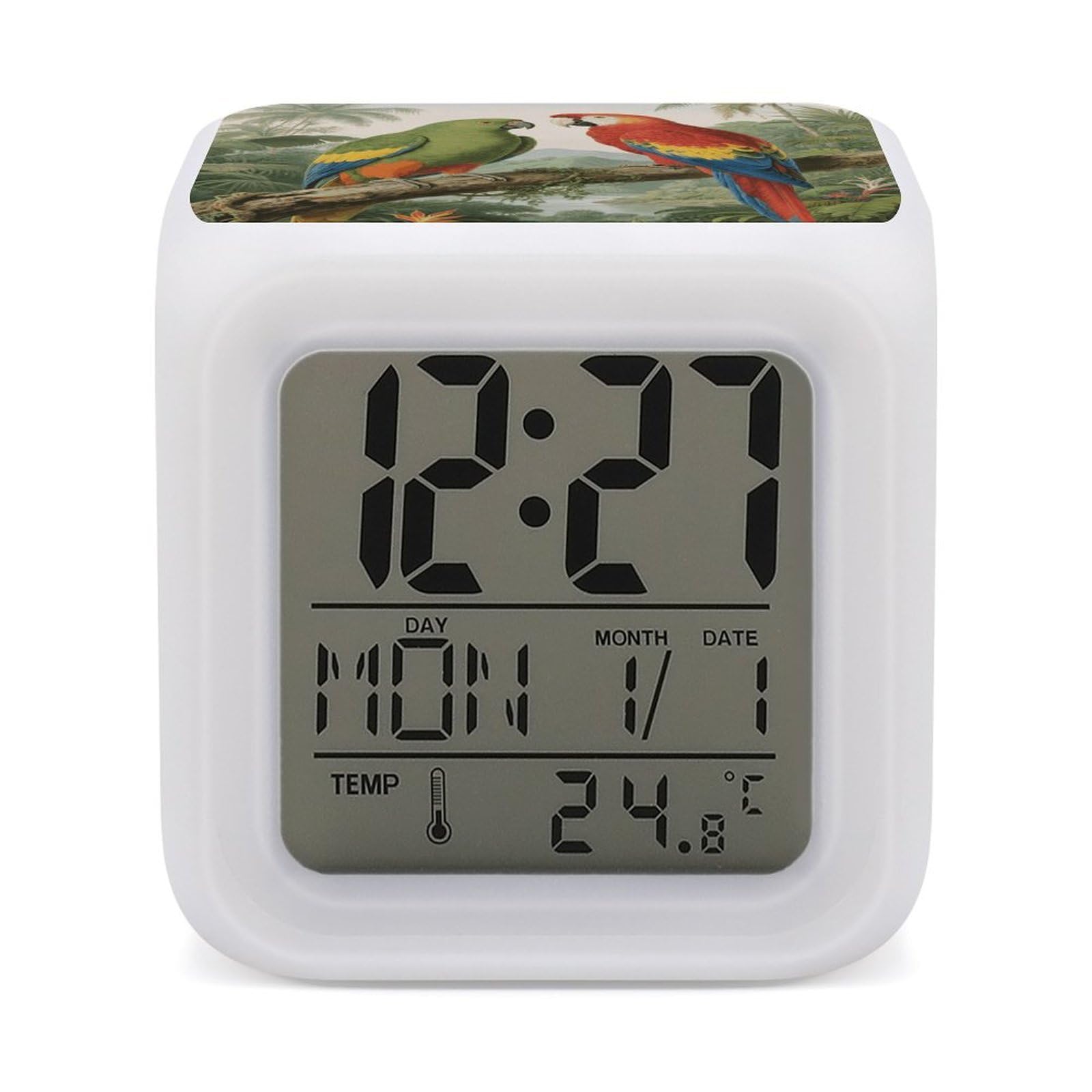 FodPand 7 Color Ambient Night Light Cube Battery Operated Parrot Digital Clock with Snooze Temperature LED Digital Alarm Clocks Dimmable Wake Up Light Portable Mood Lamp for Bedroom Desk Gift