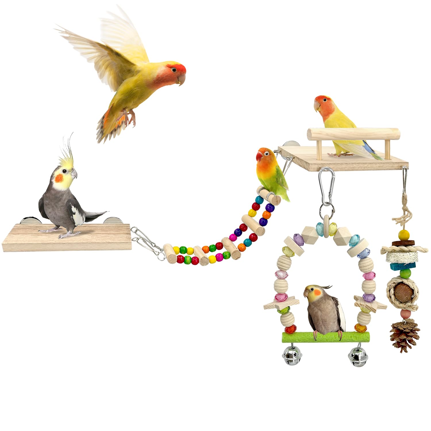 5-in-1 Parakeet Toys Set: Detachable Bird Playground with Wooden Perch, Swing, Ladder, & Platform Cage Accessories for Cockatiel, Conure, Lovebird, Budgie, Finch
