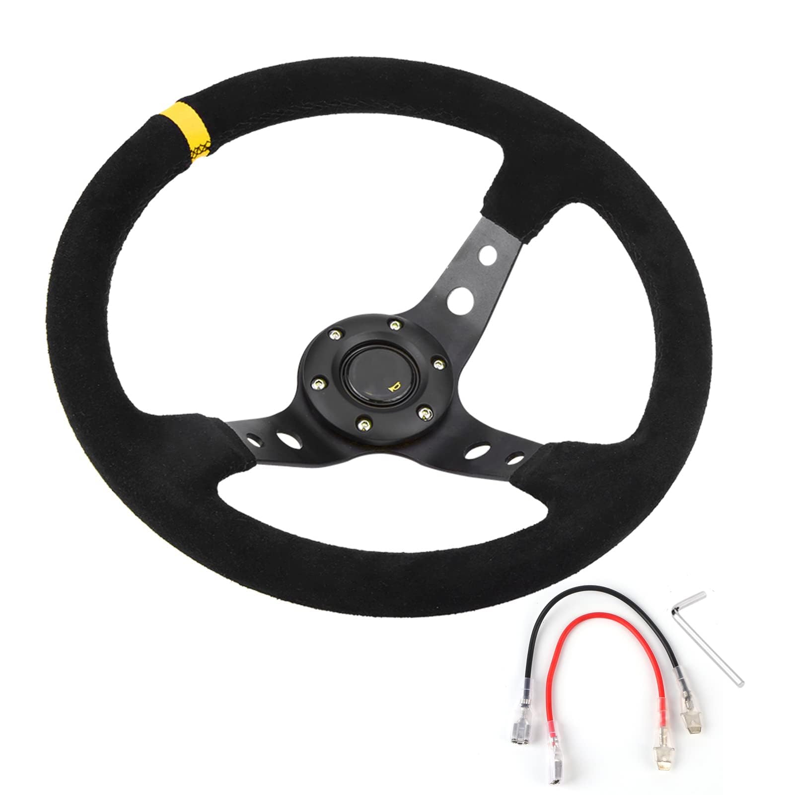 Ejoyous Volante de Carreras Universal de 14 Pulgadas, Marco de Aluminio, Cuero Napped, Agarre Fuerte para Coches y Vehículos de Carreras (YELLOW)