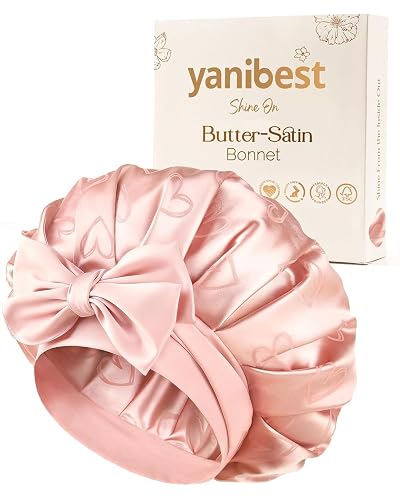 YANIBEST Silk Satin Bonnet for Sleeping Double Layer Hair Bonnet with Tie Band for Curly Natural Hair, Heart Print