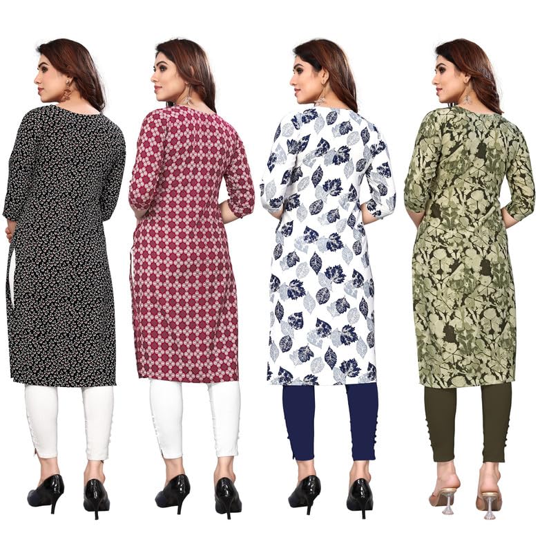 Image of JAKHANA Women's Crepe Printed Casual Straight Calf Length Round Nick Kurta Pack of 4