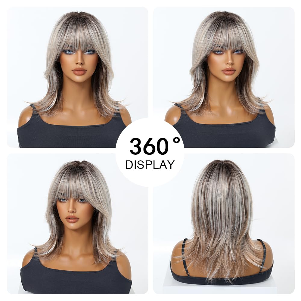 Perruques Blond Cendré pour Femmes Perruques Courtes Dégradées Et Lisses avec Frange Perruques En Cheveux Synthétiques pour Un Usage Quotidien Les Fêtes Ou Le Cosplay