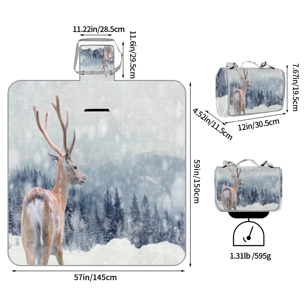 Shimoshe Picnic Blankets 57”x 59”, Winter Deer Waterproof Sandproof Picnic Mat Lightweight Foldable Beach Blanket for Camping Park Grass Beach Outdoor Blanket