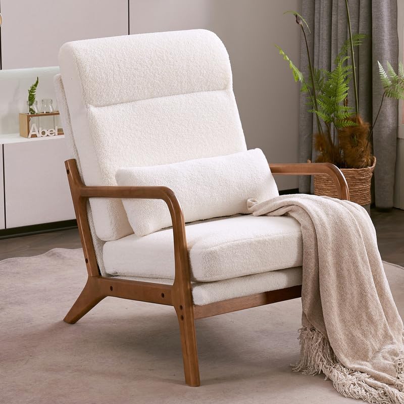 Miniatura 1 de Mid Century Modern Accent Chair Linen High Back Reading Armchair with Wood Frame, Upholstered Living Room Chairs with Waist Cushion, Single Lounge