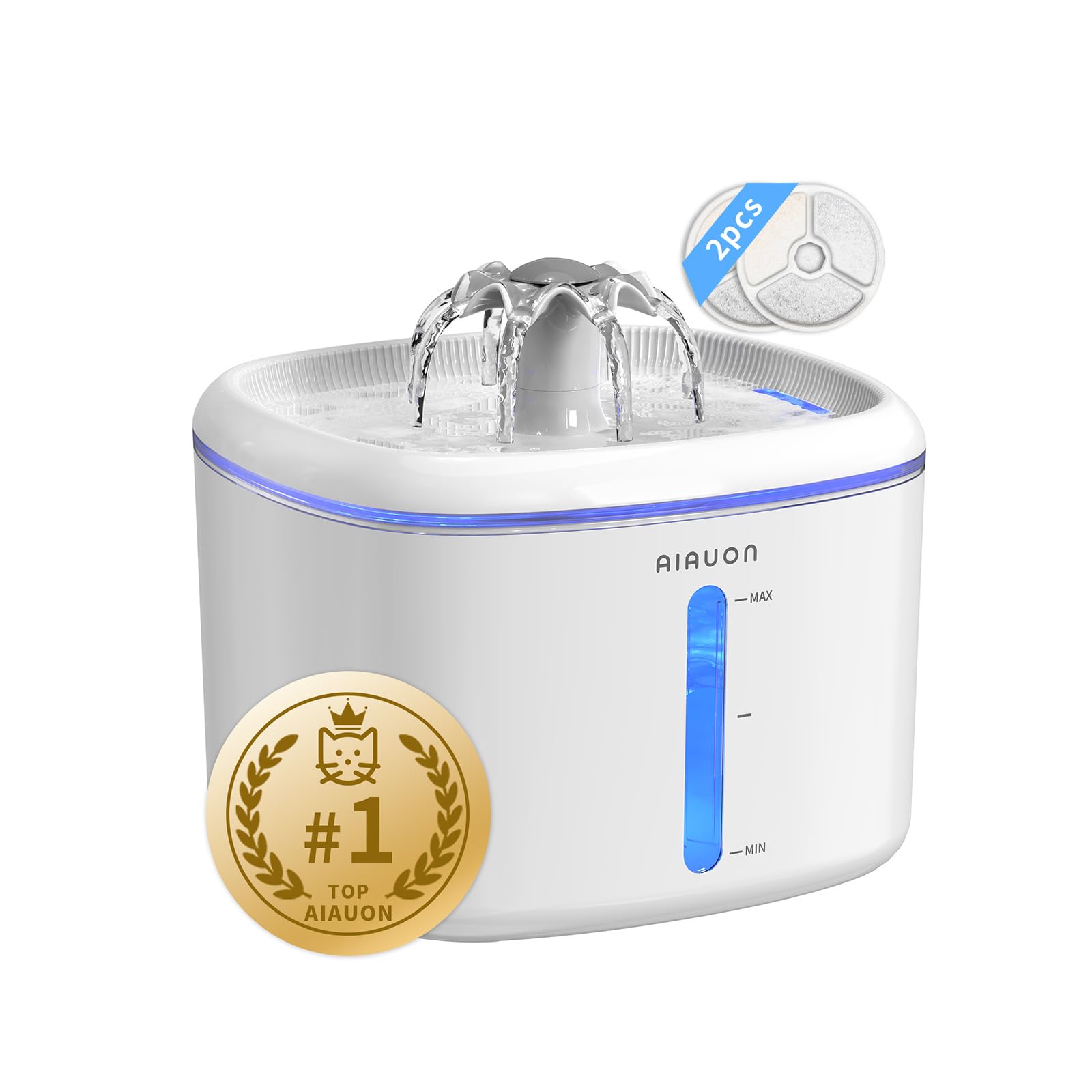 Trinkbrunnen für Katze, 2,5L Katzenbrunnen Leise mit 2 Ersatzfiltern und LED-Wasserstandsfenster für Katzen, kleine Hunde und mehrere Haustiere, Wasserbrunnen für Katzen (Weiß+2Filter)