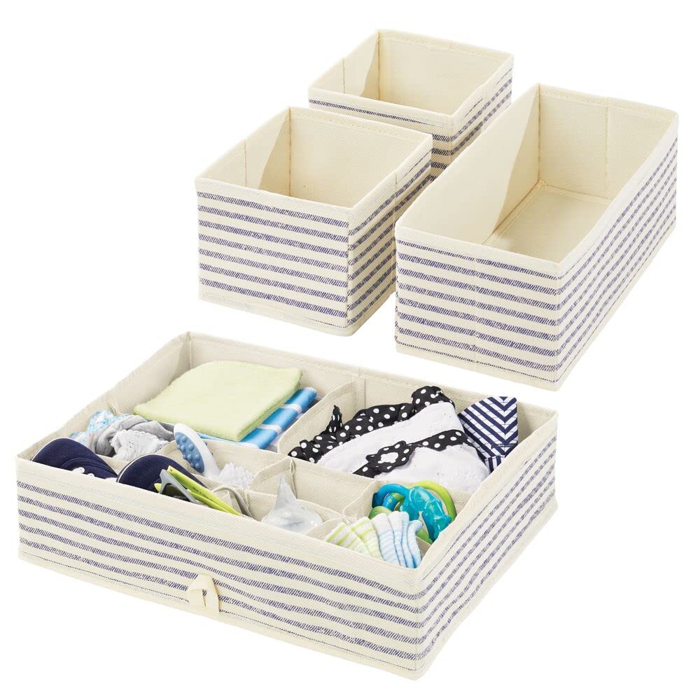 mDesign Set of 4 Children's Room Storage Boxes – Fabric Storage Bins with Striped Pattern Made for the Nursery – Baby Storage Units Suitable for Infant Accessories – Natural/Blue