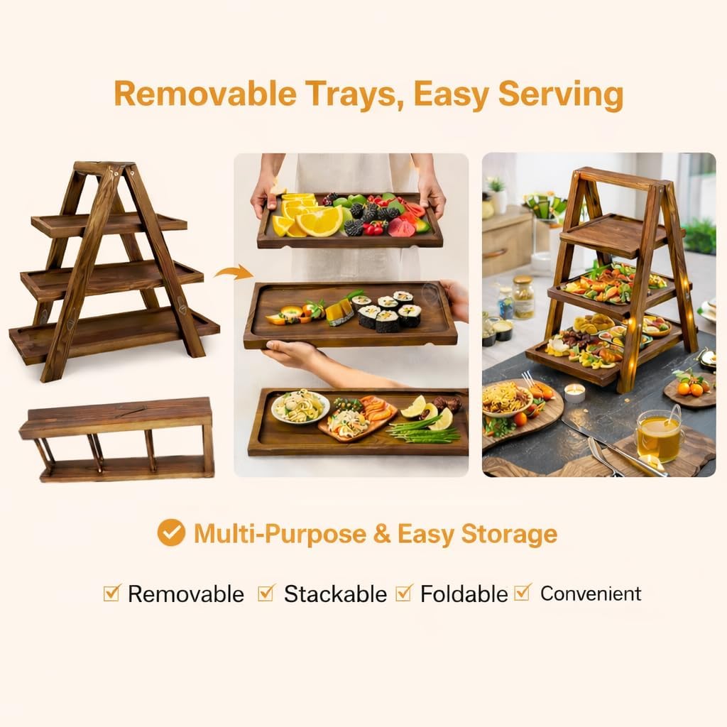 3 Tier Wooden Cupcake Stand with Swing and Flower Decoration, Dark Brown Natural Wood Dessert Swing Display Serving Set with Removable Trays, Rustic Wedding & Party Dessert Stand