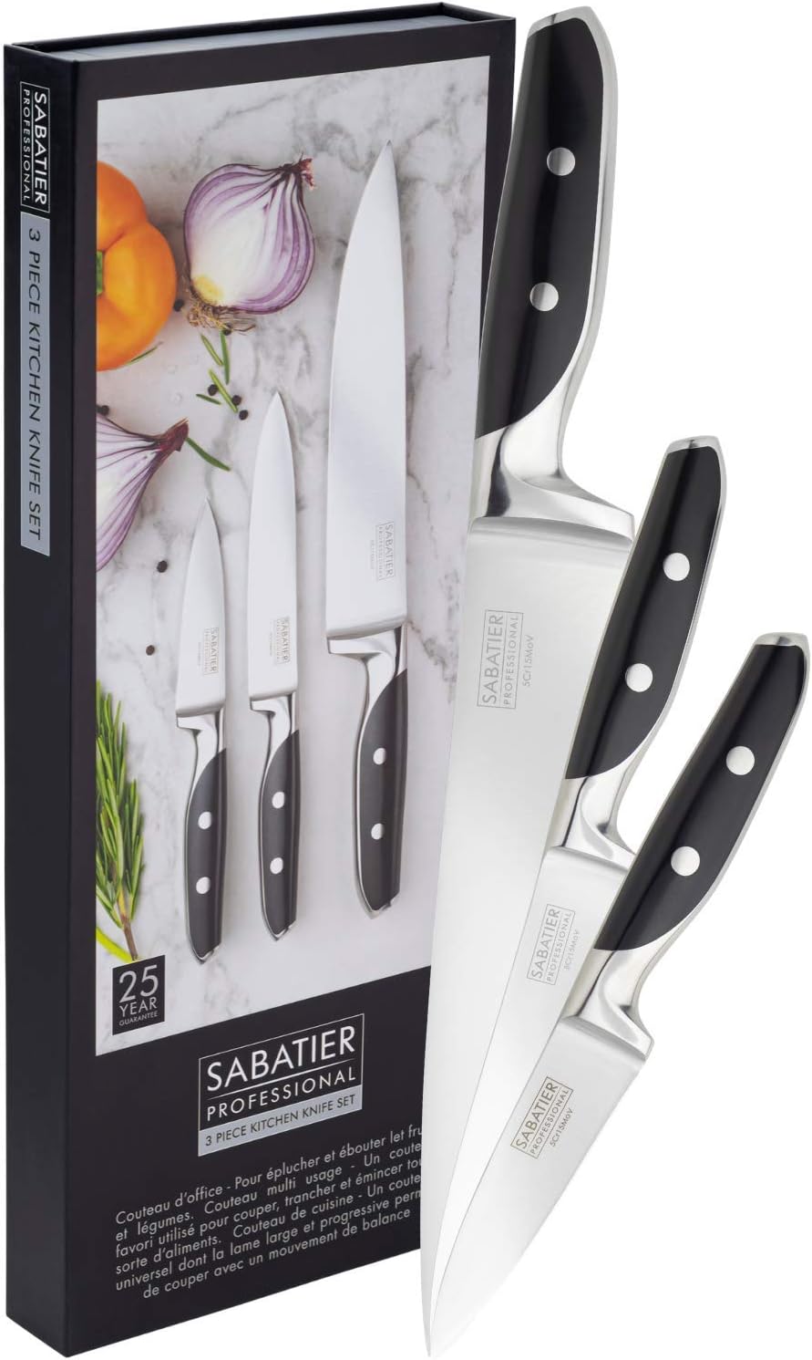 Professional Sabatier Kitchen Knife Set - 3 Piece. Paring, Utility & Chefโs Knives. Full Tang Sharpe, Blade. Taper Ground Carbon Steel. Twin Rivet Handles
