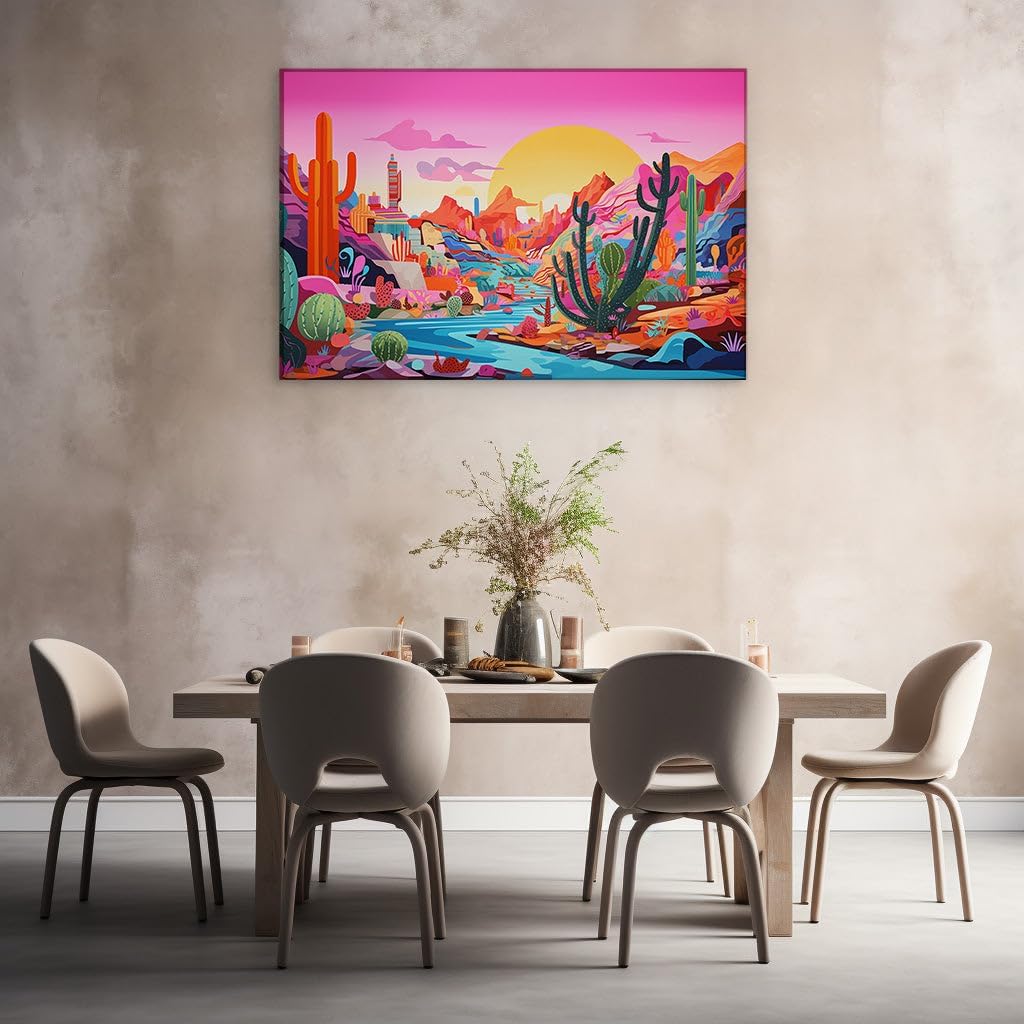 Canvas for Living Room. Vibrant Desert Sunset: A Tapestry of Colorful Skies and Lively Cityscapes, 27 x 18 inch Canvas Wall Art - Contemporary Masterpieces - Modern Home Decor