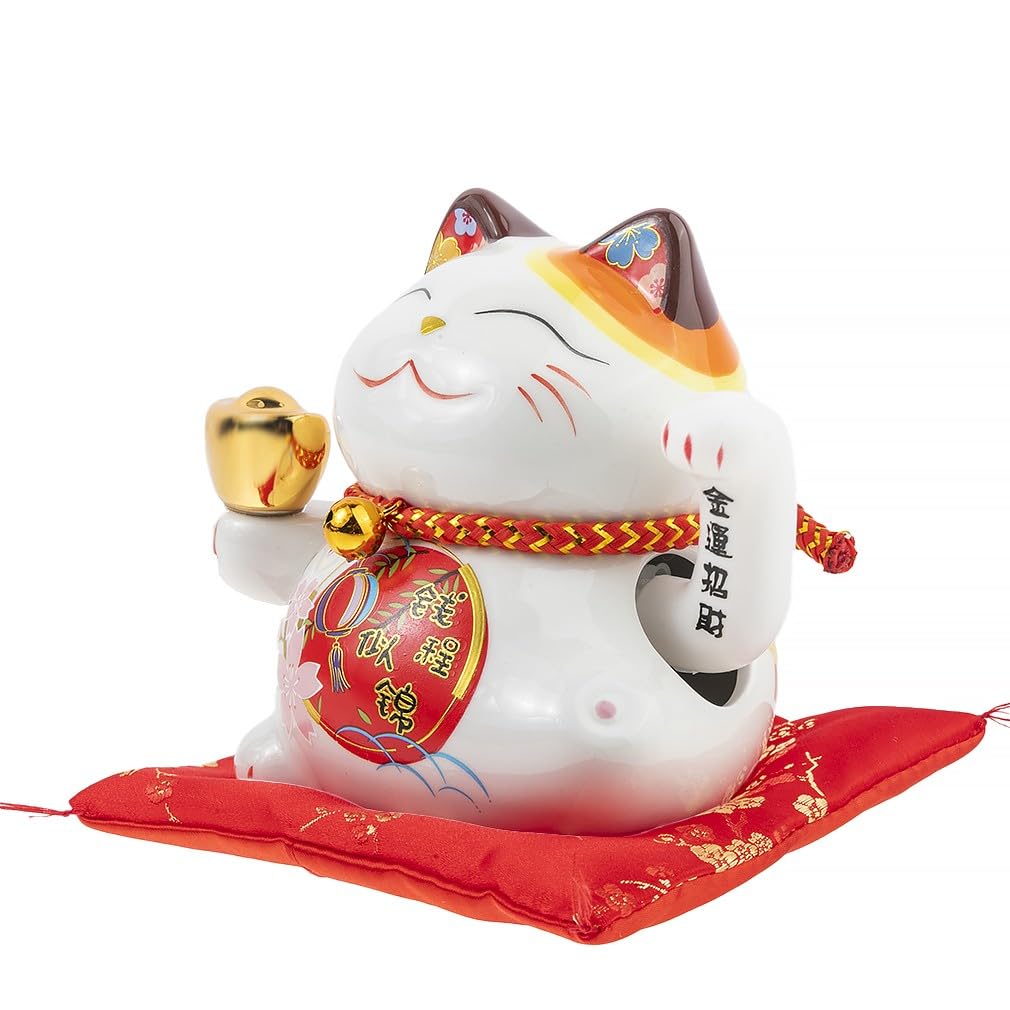 lachineuse - Gatto Maneki Neko - Statuetta giapponese del gatto fortunato - Braccio mobile - Oggetto decorativo kawaii - Porcellana del gatto fortunato - Fortuna, felicità, fortuna