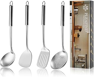 Pleafind Ustensiles de Cuisine, 4 Pièces Ustensiles de Cuisine en Acier Inoxydable, Cooking Utensils avec Louche, Écumoire, Spatule, retourneur à fentes, Passe au Lave-vaisselle