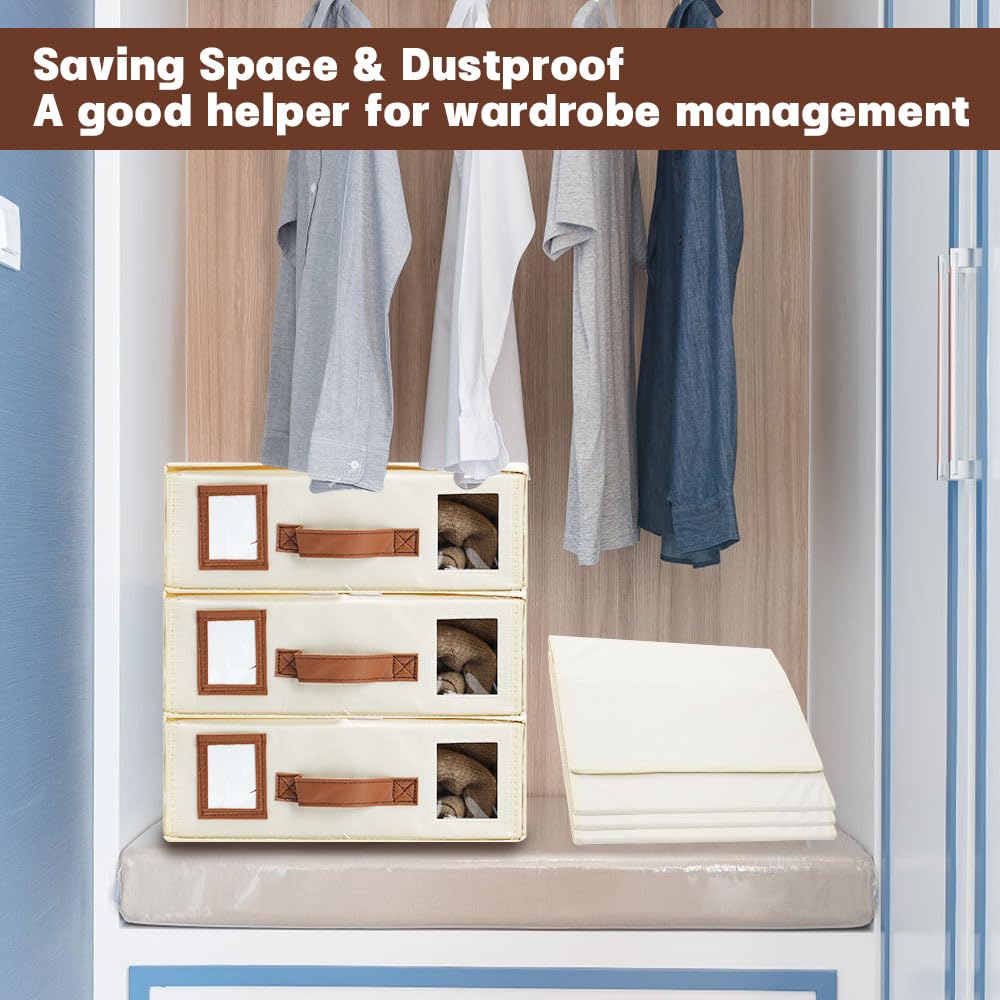 4 Bettwäsche Organizer Bettwäsche Aufbewahrung, Faltbare Aufbewahrung Bettwäsche mit Griff Etiketten und Fenster, Bettwäsche Aufbewahrungsbox Für Laken Bettdecken Handtücher Decken (Weiß) | Faltbare Bettwäsche Aufbewahrungsbox mit Ledergriff Etiketten und