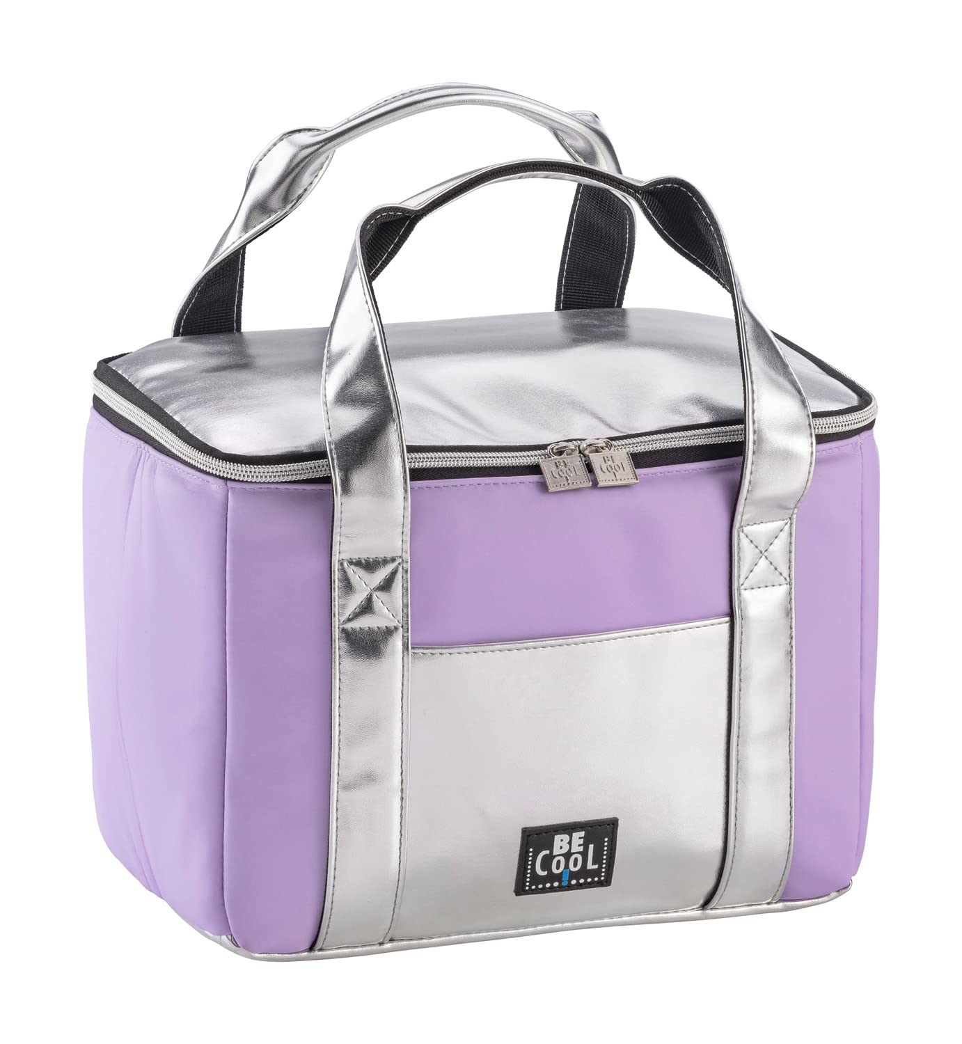 Elegancka torba chłodząca City w kolorze lawendowym/srebrnym, 28 x 18 x 21 cm, pojemność ok. 10,5 l, z szerokimi uchwytami do noszenia, na piknik, do szkoły, na wycieczki, podróże, kosmetyki