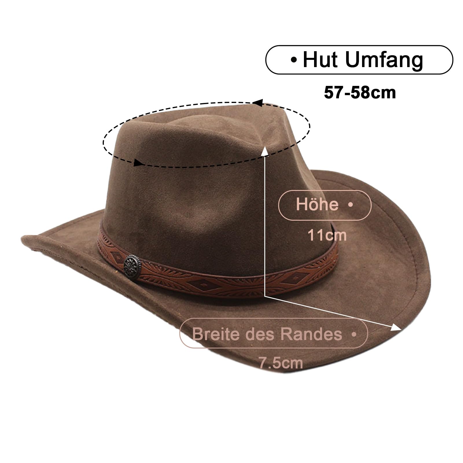 Cowboyhut für Damen und Herren, Western-Wildlederhüte, Panamahut, Cowboy-Cowgirlhüte mit breiter Krempe, Western-Wildleder-Cattleman-Cowboyhüte, Braun