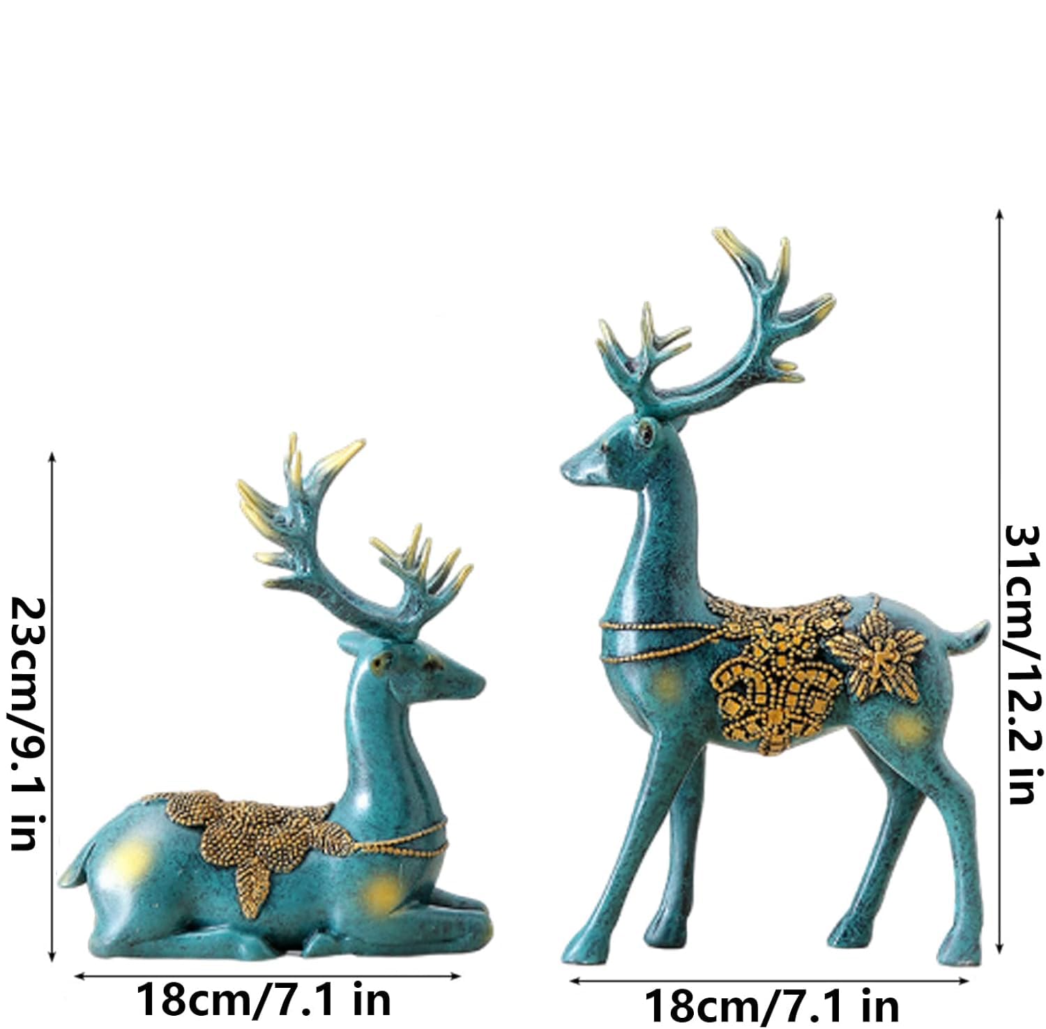 2 figuras de reno de Navidad, esculturas de reno de resina de pie y sentado para decoración del hogar de vacaciones y Navidad (azul, talla única)