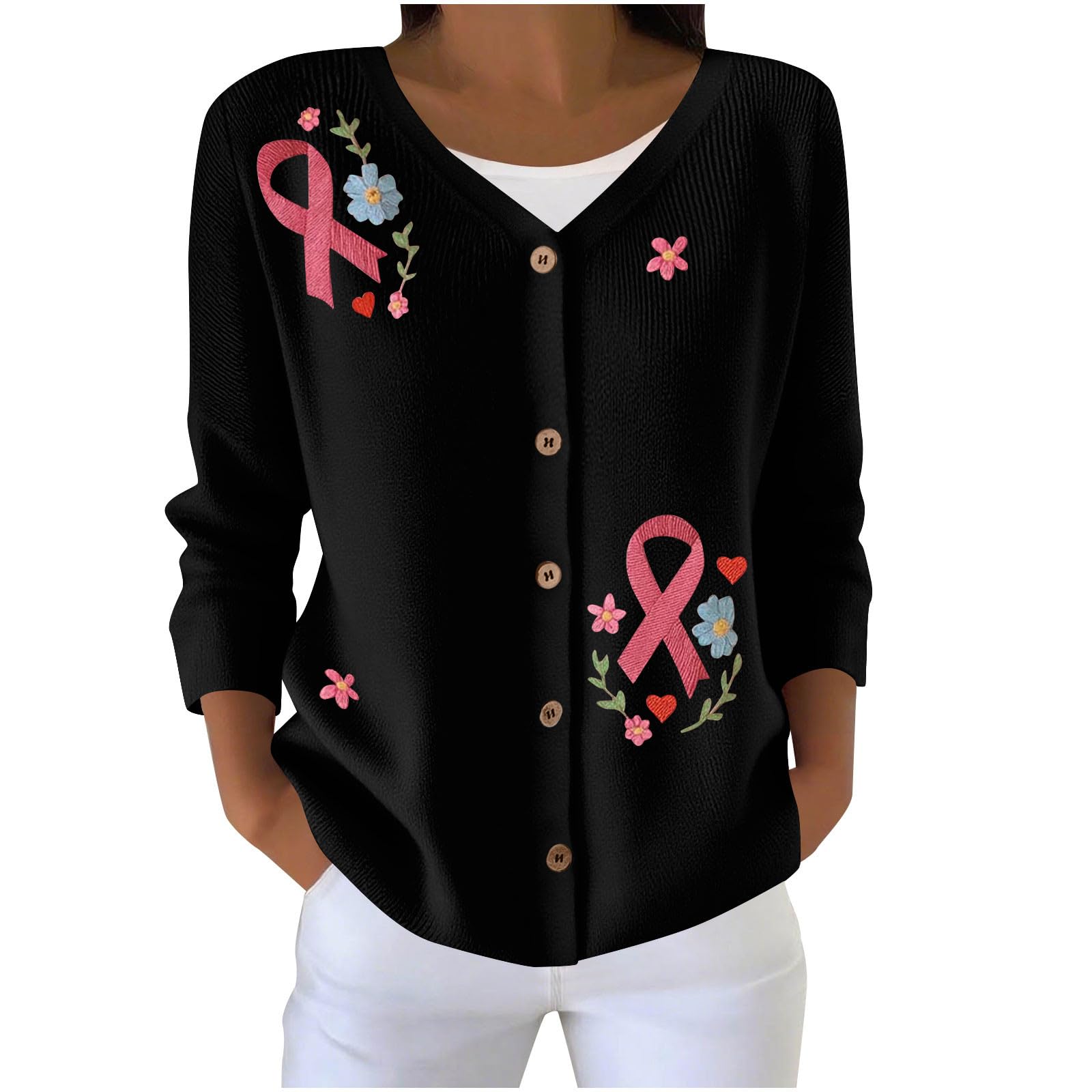 Womens Breast Cancer Knit Cardigan Inspirational Pink Ribbon Button Down Sweater Casual Comfy Outfits