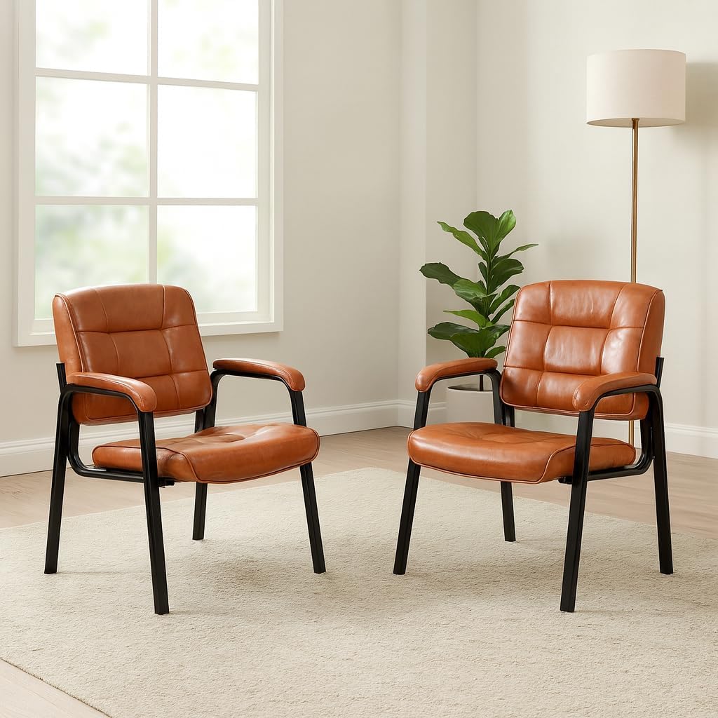 Naomi Home Faux Leather Stackable Office Guest Chairs – Reception Chairs with Armrests for Lobby, Clinic, Medical Waiting Room or Conference Room Seating - Caramel, Set of 2