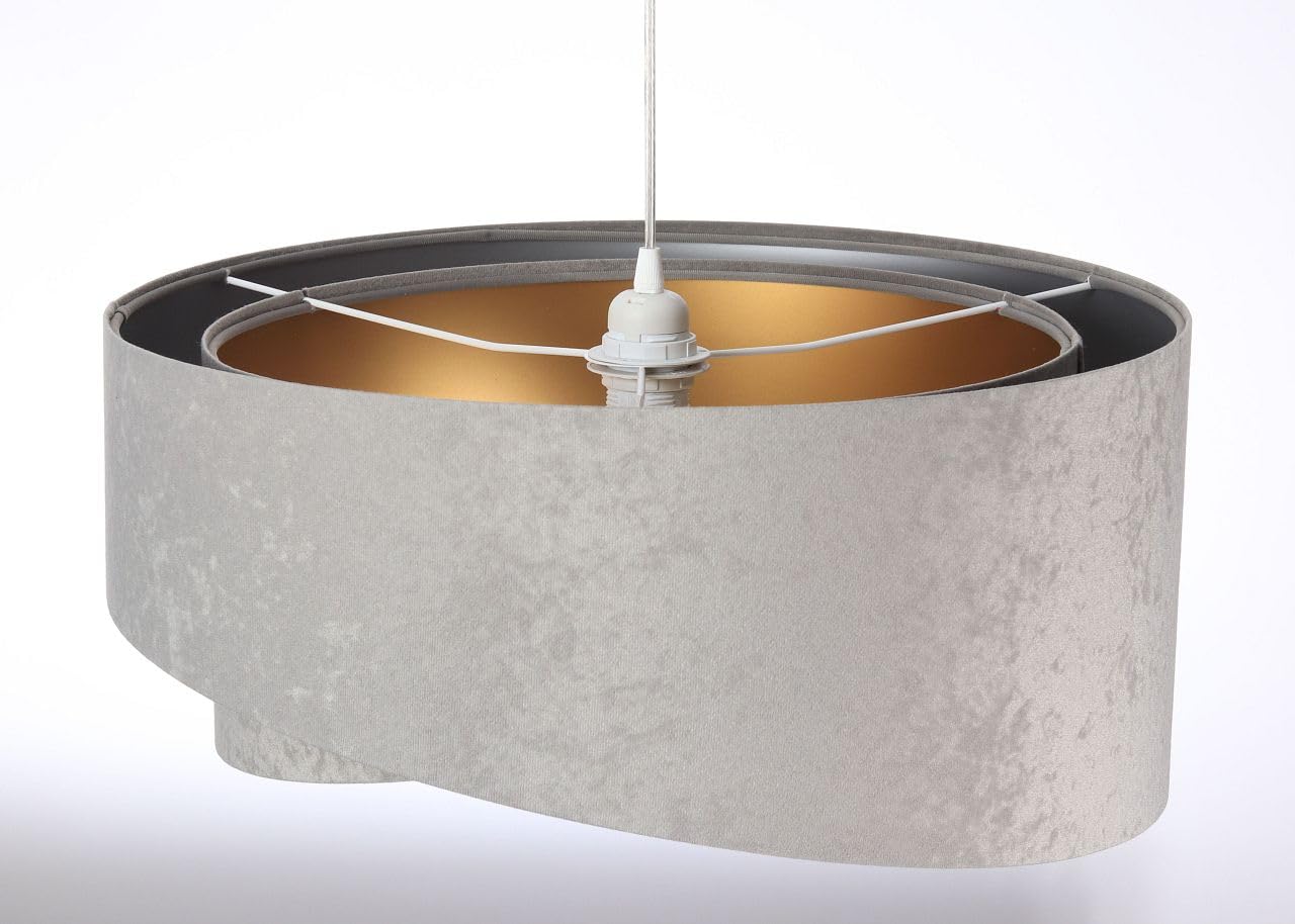 Licht-Erlebnisse Hängeleuchte Stoff E27 rund D: 50 cm in Grau Gold Silber Velours Optik Doppelschirm Modern verstellbare Hängelampe Wohnzimmer Schlafzimmer